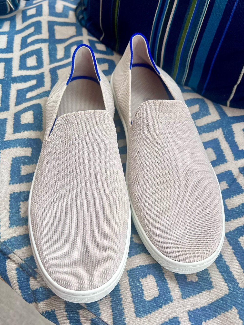 Rothy's The Sneaker Slip-On Women's 10.5 Beige/ ivory Navy Stripe Cobalt Trim